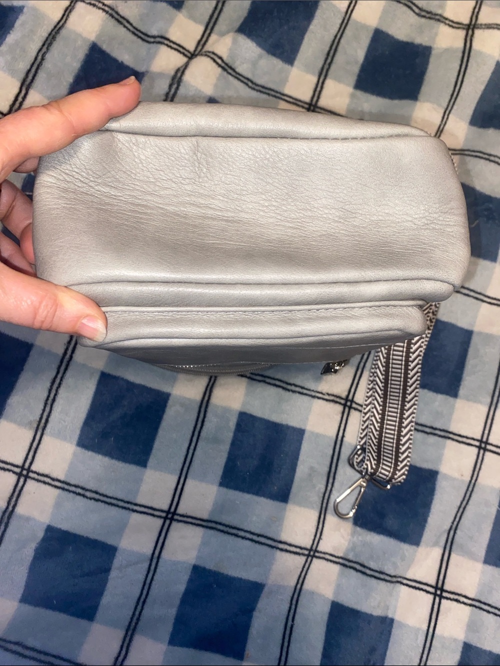 Light Gray Faux-Leather Sling Backpack with Patterned Strap - Picture 5 of 11